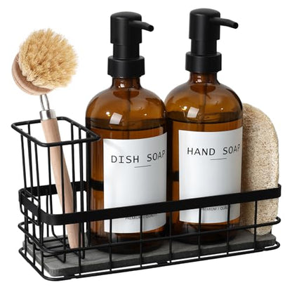 Dish Soap Dispenser for Kitchen, 16.9 fl oz Amber Hand and Dish Soap Dispensers, Kitchen Soap Dispenser Set with Sponge Holder, Brush Holder and Loofah Sponge, Countertop Sink Organizer Accessories - color: Amber