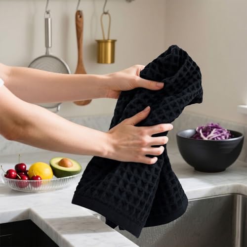 Jacquotha Black Waffle Cotton Hand Towels Set of 2 – Quick Dry, Low Lint | Towels for Bathroom, Kitchen & Daily Life, 13" x 29" - color: Black