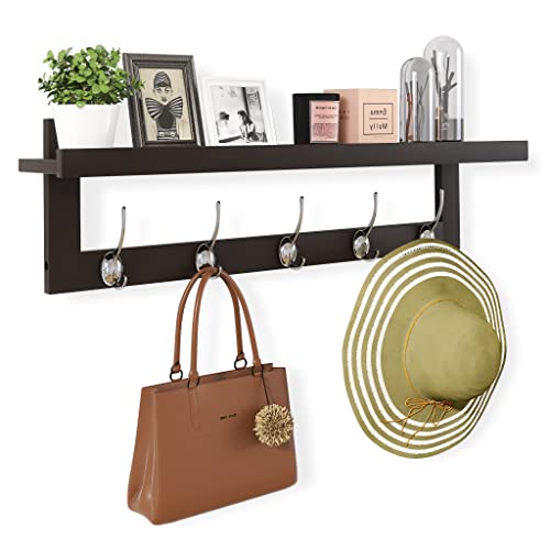 SMIBUY Coat Hooks with Shelf Wall-Mounted, 29.2 Inch Entryway Coat Rack for Wall, Bamboo Hanging Shelf with 5 Double Metal Hooks for Bathroom, Bedroom, Kitchen, Living Room, Mudroom (Dark Brown) - color: Dark Brown