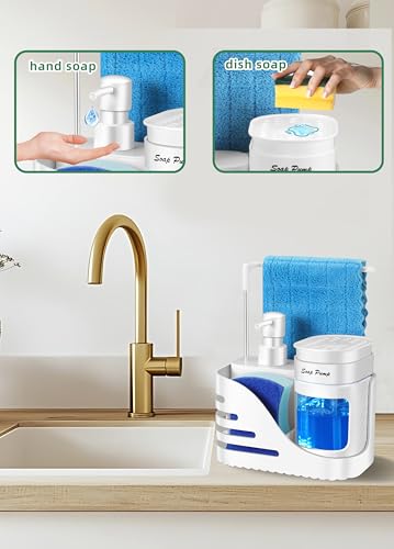 Kitchen Soap Dispenser Set, 4-in-1 Dual Hand and Dish Soap Dispenser with Sponge Holder and Dishcloth Holder for Kitchen Sink (White) - color: White