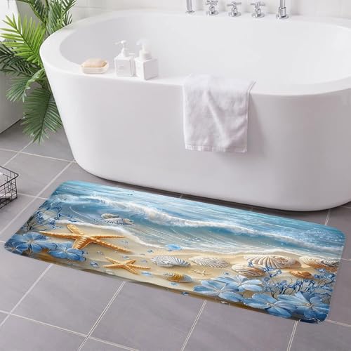 Beach Starfish Seashells Bath Mat Blue Ocean Flower Tropical Seaside Summer Coastal Theme Microfiber Memory Foam Bathroom Rug Doormat Toilet Floor Rug,24x59 Inch - size: 24x59Inch(60x150cm)