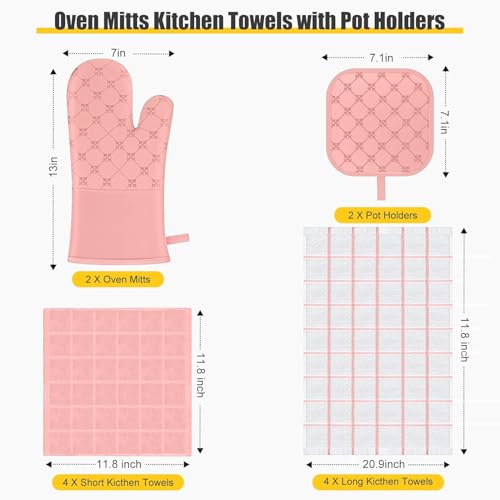Oven Mitts Kitchen Towels Dishcloths with Pot Holders Sets 12PCS, Dish Towels Sets, Oven Gloves Pot Pads Heat Resistant 500 Degrees with Non-Slip Silicone Surface for Cooking Baking Grilling-Pink - color: Pink