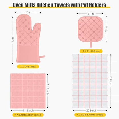 Oven Mitts Kitchen Towels Dishcloths with Pot Holders Sets 12PCS, Dish Towels Sets, Oven Gloves Pot Pads Heat Resistant 500 Degrees with Non-Slip Silicone Surface for Cooking Baking Grilling-Pink - color: Pink