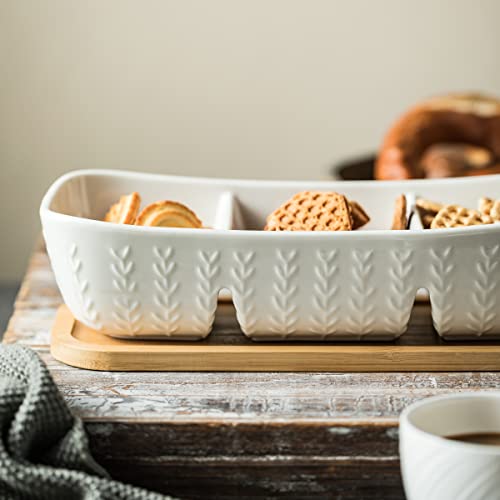 Miamolo Chip and Dip Set Bowl with Divided Serving Tray, Hosting Essentials | Acacia Wood Tray, Ceramic Serving Bowls | Condiment Tray for Dipping Sauces, Party | Kitchen Counter Decor, Microwave Safe - size: Large-11 inches