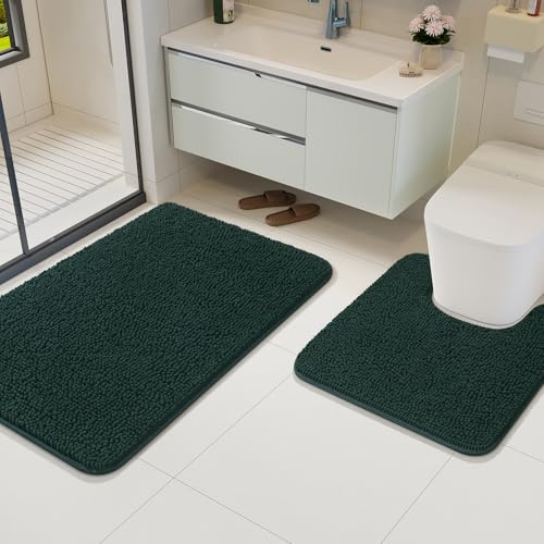 Bathroom Rug Sets 2 Piece, 20"x20" U-Shaped & 21"×34", Hunter Green | Toilet Mat Non Slip Bath Mats Floor Set, Washable Bath Rug Set, Absorbent Soft Bathroom Rug - color: Hunter Green