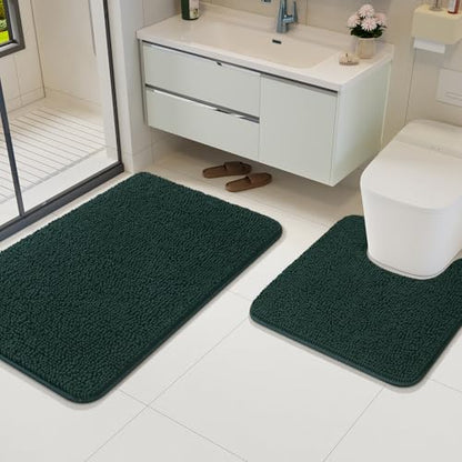 Bathroom Rug Sets 2 Piece, 20"x20" U-Shaped & 21"×34", Hunter Green | Toilet Mat Non Slip Bath Mats Floor Set, Washable Bath Rug Set, Absorbent Soft Bathroom Rug - color: Hunter Green