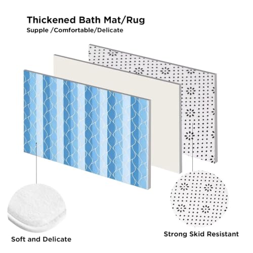 DDQQ 4Pcs Light Blue Bathroom Set Stripe Shower Curtain Set Modern Geometric Shower Curtain for Bathroom with 12 Hooks, Bathroom Carpet Bath Mat and Toilet Rugs - color: Light Blue
