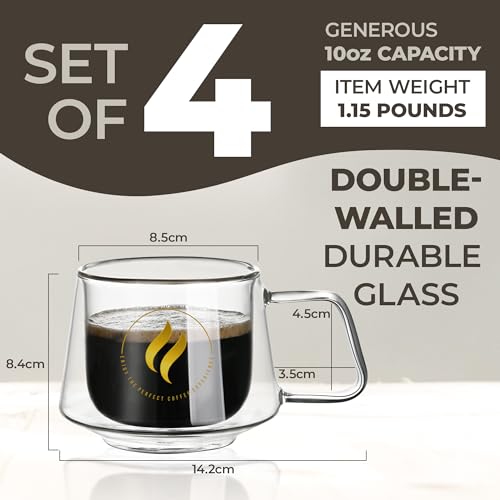 GLORAMA Double Walled Glass Coffee Mugs - 10oz Coffee Mugs for Tea, Espresso, & Cappuccino - Freezer & Microwave Safe Coffee Mugs Set of 4