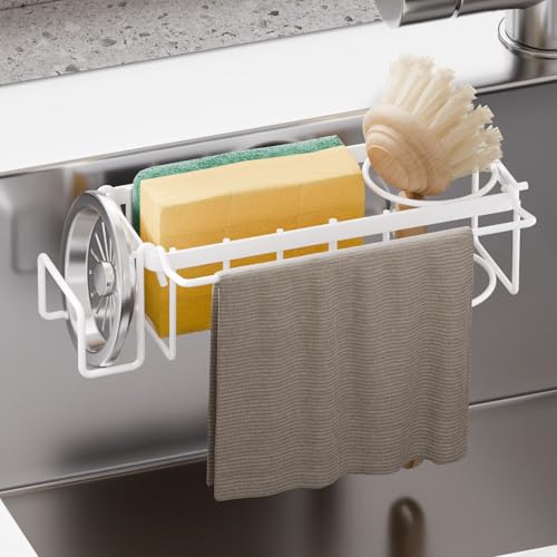TAILI 4-in-1 Sponge Holder for Kitchen Sink with Strong Suction Cup-White | Removable Rustproof 304 Stainless Steel Multi-compartment Sponge Holder with Suction Cup, Keeps Brushes & Scrubbers Tidy - color: White, size: 7.28" x 2.36"