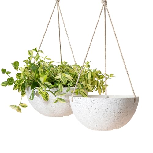 LA Jolie Muse Hanging Planter Baskets for Indoor Plant, Set of 2, 9.84 Inch | Decorative Hanging Baskets with Drainage Holes, Speckled White Hanging Planters for Windows, Porches, Balconies, Patios - color: Speckled White, size: 9.84 Inch