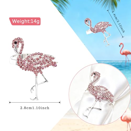 Pink Crystal Flamingo Napkin Rings Set of 6, Silver Rhinestone Tropical Napkin Holders for Beach Wedding Summer Luau Hawaiian Party Bachelorette Elegant Coastal Table Decor - style: Flamingo