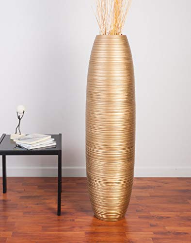 LEEWADEE Large Floor Vase – Handmade Flower Holder Made of Wood, Sophisticated Vessel for Decorative Branches and Dried Flowers, 43 inches, Golden | Decorative Vase for Living Room, for Branches & Dried Herbs. Stronger than ceramic, without water. Bohemia