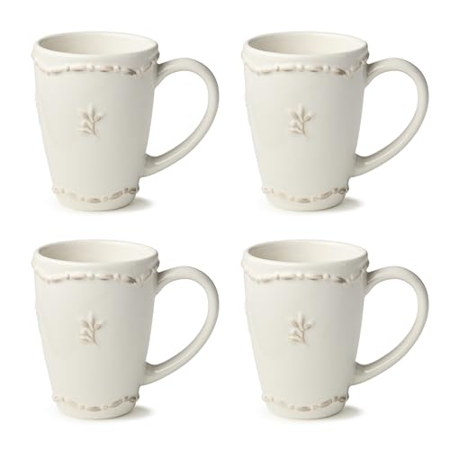 Heritage Beads Stoneware Mug Set of 4 – Classic Ivory Coffee & Tea Cups with Embossed Bead Rim & Sprig Detail – Elegant Everyday Farmhouse Mugs for Hot Beverages