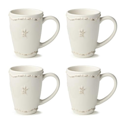 Heritage Beads Stoneware Mug Set of 4 – Classic Ivory Coffee & Tea Cups with Embossed Bead Rim & Sprig Detail – Elegant Everyday Farmhouse Mugs for Hot Beverages