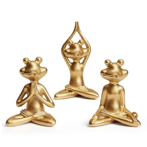 Yoga Frog Statues, 3.8"-5" H Golden Frog Figurines Home Decor, Therapy Office Decor Small Sculptures for Shelves, Living Room, Bookshelf, Desk, Bedroom - Set of 3 (Golden Frogs) - style: Golden Frogs