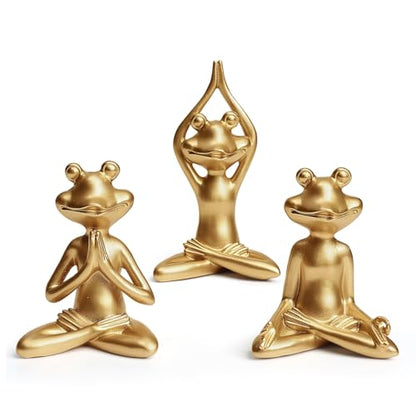 Yoga Frog Statues, 3.8"-5" H Golden Frog Figurines Home Decor, Therapy Office Decor Small Sculptures for Shelves, Living Room, Bookshelf, Desk, Bedroom - Set of 3 (Golden Frogs) - style: Golden Frogs