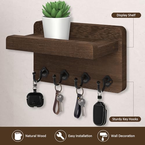 Nekon Key Holder Wall Mount, 8.5 Inch Small Wooden Wall Organizer, Brown | Rustic Wall Shelf, Farmhouse Key and Mail Holder for Living Room Entryway Kitchen - color: Brown