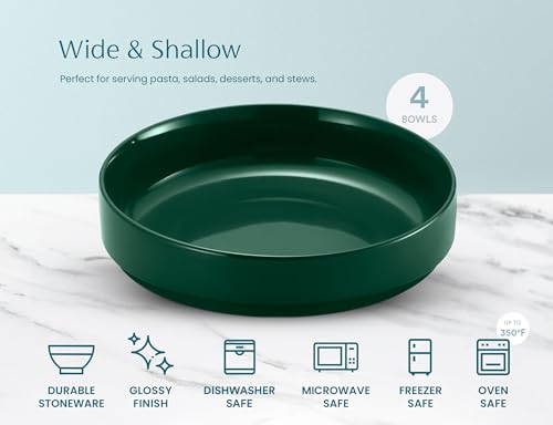 KooK Ceramic Large Pasta Bowls, Microwave and Dishwasher Safe, Great for Soups and Salads, Shallow Serving Bowls, Glossy Porcelain, 47 oz, Set of 4, Hunter Green - color: Hunter Green