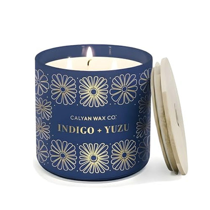 Indigo & Yuzu 3 Wick Scented Candle - 43 Hour Burn | Made in the USA Luxury Clean Soy Wax Candles - Long Lasting Large Glass Jar Candle for Home - 3 Wicks - 14.9oz - color: Indigo + Yuzu