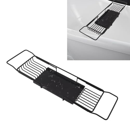 Metal Marble Bathtub Rack, Bathtub Caddy Tray Stainless Steel Shower Caddy Tray with Extending Sides, Bathroom Trays (Black) - size: Black