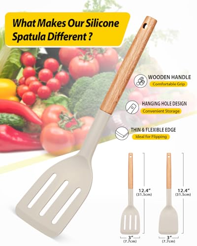 Pack of 2 Silicone Cooking Spatula, Heat Resistant Solid Turner, Non Stick Slotted Spatulas with Wooden Short Handle,Ideal Wood Kitchen Utensils Set for Frying, Baking, Flipping, Turning - color: Khaki