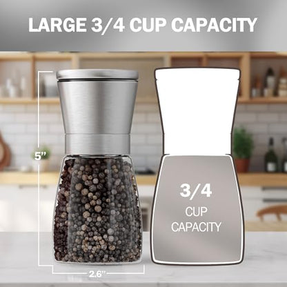 Home EC Original Stainless Steel Sea Salt and Pepper Grinder Set of 2 - Adjustable Ceramic - Glass Salt and Pepper Shakers - Kitchen Pepper Mill & Salt Mill W/Funnel & EBook - color: Clear Glass, size: 2pk