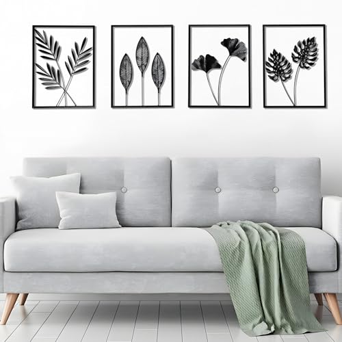 QXSXKJ Metal Wall Art, Black Frame Decor 4pack Modern Farmhouse Decor, 3d Metal Wall Ginkgo Art With Lamp for Living Room, Bedroom, Kitchen, Office (without light 17x12) - size: without light 17x12