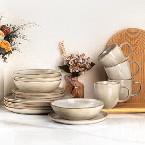 AmorArc Ceramic Dinnerware Sets for 4, 16Pcs Plates and Bowls Sets Dishes | Stoneware Handmade Reactive Glaze Dinner Set, Highly Scratch Resistant | Dishwasher & Microwave Safe Dishware-Cappuccino - color: Cappuccino, size: Service for 4(16Pcs)