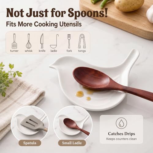 Cute Bird Spoon Rest for Stove Top Farmhouse Kitchen Decoration | Spoon Holder for Stove Counter, White, Cute Utensil Rest, Cooking Lovers, Housewarming Gifts, 5.3 x 4.5 Inches - style: Bird