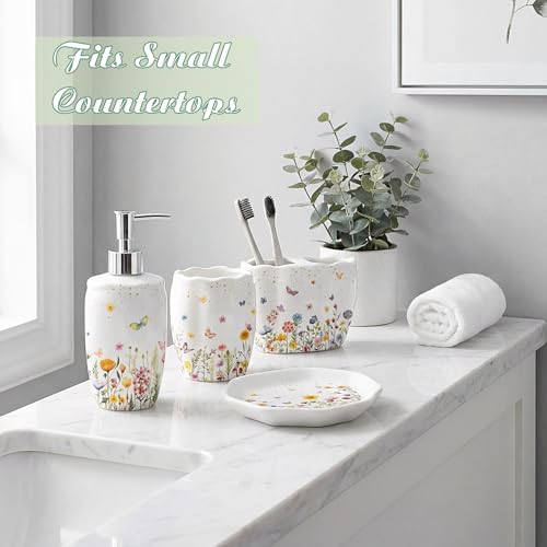 Ceramic Bathroom Accessories Set of 4, Wildflower Meadow Floral Decor with Butterflies & Gold Speckles, Soap Dispenser Pump, Toothbrush Holder, Tumbler Cup & Soap Dish for Countertop Vanity - style: Wildflower