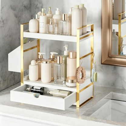 2-Tier Bathroom Counter Organizer, Wooden Vanity Shelf with Drawer & Basket | Pre-Drilled Holes, Skincare & Makeup Countertop Organizer and storage, White-gold - color: White-gold