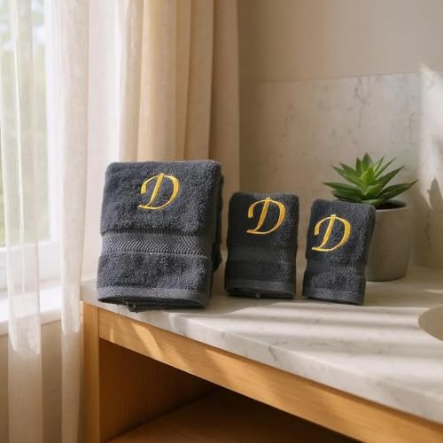 Monogrammed Bath, Hand, Washcloth Cotton Towel Set, Personalized Gift 3Pc-D - color: Black & Gold, size: Initial D