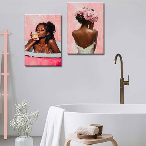 Framed modern abstract African American women's wall Art (Set 2), canvas high-definition printing, Bohemian black girl bathtub coffee fashion with pink flower on her head Black woman picture, living room, bedroom, bathroom, office decoration, 16x24 inches