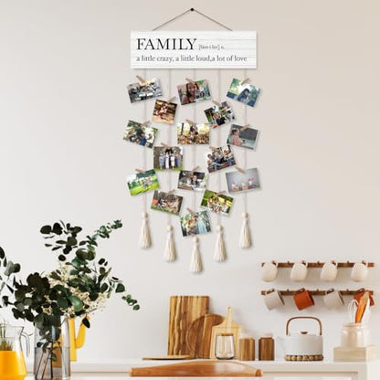 Family a Little Crazy Photo Hanging Display Board with 16 Clips, Rustic Wood Picture Collage Frame with Tassels Farmhouse Wall Decor - color: Family A Little Crazy