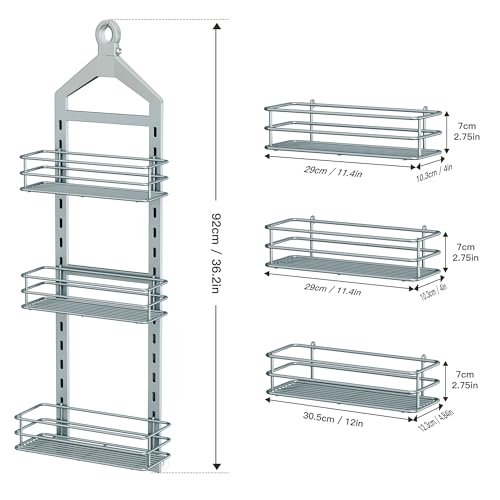 Orimade Adjustable Anti-slip Shower Caddy Overhead, Rustproof Hanging Shower Organizer With 2 Razor Hooks - No Drilling, 3-Tier Shelves, Silver Grey - color: Silver Grey