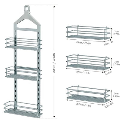 Orimade Adjustable Anti-slip Shower Caddy Overhead, Rustproof Hanging Shower Organizer With 2 Razor Hooks - No Drilling, 3-Tier Shelves, Silver Grey - color: Silver Grey