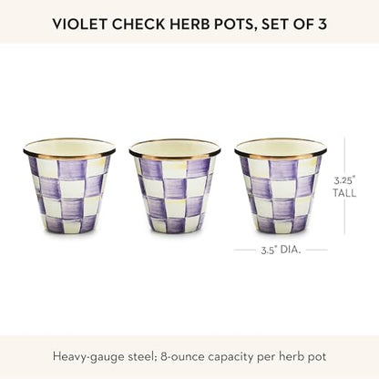 MACKENZIE-CHILDS Enamel Herb Pot Set, Small, Purple-and-White Violet Check | Hand-painted design, small plant pots for herbs or flowers, 3.5" dia. x 3.25" H, 8-ounce capacity per pot, set of 3 - color: Violet Check