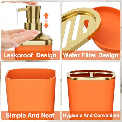 XLHOMO Bathroom Accessories 8 Piece Orange and Gold Bathroom Set, Bath Accessories with Stainless Steel Trash Can,Toilet Brush,Toothbrush Set,Soap Dispenser - size: Orange, style: Bath Set