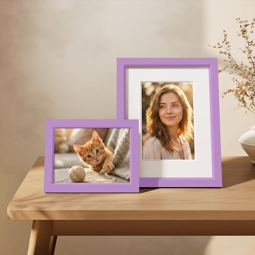 Vittanly Solid Wood 8x10 Picture Frames Set of 4, Purple | 5x7 Picture Frame with Mat, Gallery Wall Frame Set, 8 x 10 Frame for Wall & Tabletop Display, Family, Pet, Christmas - color: Purple, size: 8x10