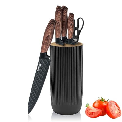 Knife Set, Wiztoynia 6-Piece Black Kitchen Knife Set for Home, Anti-Rust Non-stick Stainless Steel Sharp Chef Knife Set with Universal Knife Block for Kitchen, Ergonomical Design (Black) - color: Black