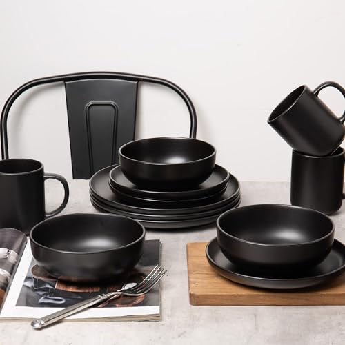 12-Piece Stoneware Dinnerware Set with Mugs | Microwave and Dishwasher Friendly | Stackable Matte Glaze Plates & Bowls | Service for 3 (Black for 3) - color: Black for 3