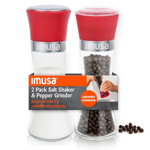 IMUSA Salt Shaker and Pepper Grinder Set, 2-Pack, Manual | Adjustable ceramic core for fine-to-coarse grinding, ergonomic grip, glass base resists stains, 6oz means fewer refills - color: Red