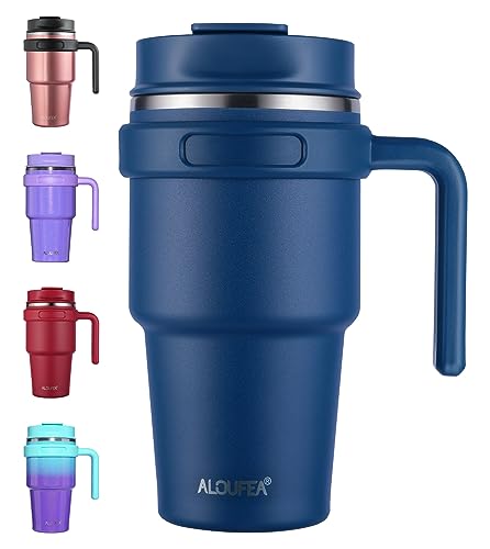 20 oz Insulated Travel Coffee Mug Tumbler with Handle and Straw | Leakproof Stainless Steel Coffee Cup with Lid, Double Wall Vacuum Ice Thermal Cup, Navy - color: .Navy, size: 20 Ounces
