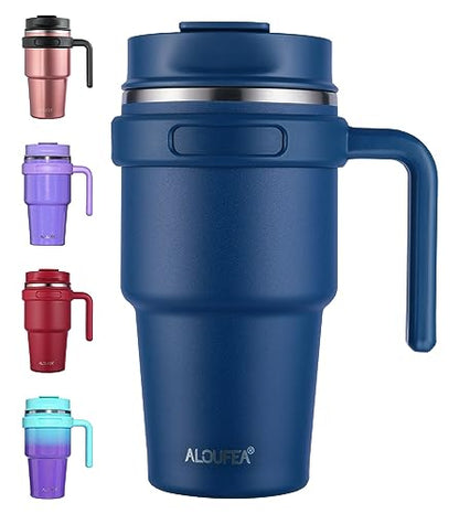 20 oz Insulated Travel Coffee Mug Tumbler with Handle and Straw | Leakproof Stainless Steel Coffee Cup with Lid, Double Wall Vacuum Ice Thermal Cup, Navy - color: .Navy, size: 20 Ounces