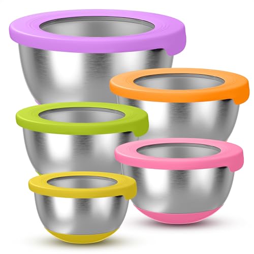 KITEISCAT Stainless Steel Mixing Bowls with Lids – Set of 5 Large Nesting Metal Bowls for Kitchen, Baking, Cooking, Food Prep & Storage, Non-Slip Base, Dishwasher Safe, Multicolor - color: Multicolor