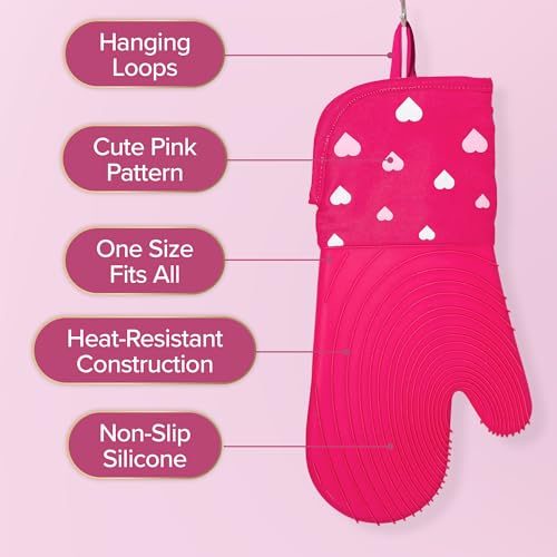 Paris Hilton Oven Mitt Set with Heart Design, Heat Resistant Pot Holders Featuring Non-Slip Textured Silicone Grips, 2-Piece Set, Pink - style: Hearts