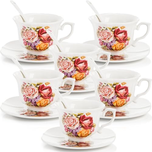 Pumtus Tea Cups and Saucers Set of 6, 8 OZ Vintage Ceramic Teacups with Spoon, Floral Rose British Coffee Mug, Elegant Bone China Cup Gift Set for Cappuccino, Espresso, Latte, Afternoon Tea Party