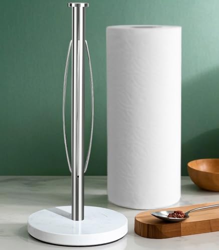 YIGII Heavy Marble Base Paper Towel Holder Countertop - Standing Paper Towel Roll Holder with Weighted Base, Papertowel Holder for Kitchen, White Marble - style: Silver & White Marble