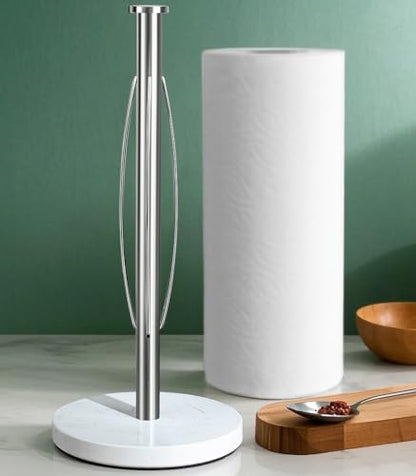 YIGII Heavy Marble Base Paper Towel Holder Countertop - Standing Paper Towel Roll Holder with Weighted Base, Papertowel Holder for Kitchen, White Marble - style: Silver & White Marble