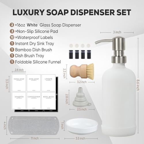 Kitchen Soap Dispenser Set with Instant Dry Tray,16 Oz Hand and Dish Soap White Glass Dispenser Set,Stainless Steel Pump,Waterproof Labels&Dish Brush,Luxury Soap Bottle for Kitchen,Bathroom - color: White Bottle+silver Pump